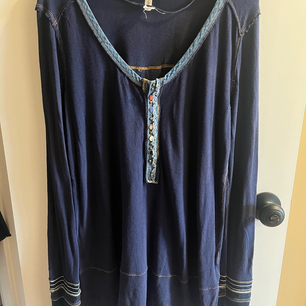 We The Free Long Sleeve Top with Denim Trim and Gemstone Buttons